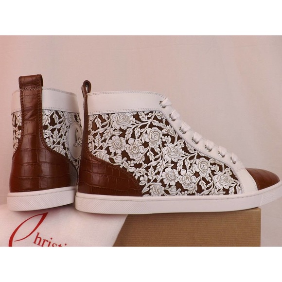 NIB LOUBOUTIN BIP BIP LASER FLORALS TAN CROC PRINT LEATHER HI TOP SNEAKERS 38.5 - Picture 6 of 12